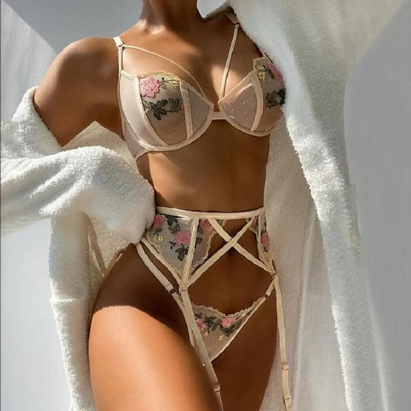 Embroidered Lace Mesh Sexy Lingerie Set