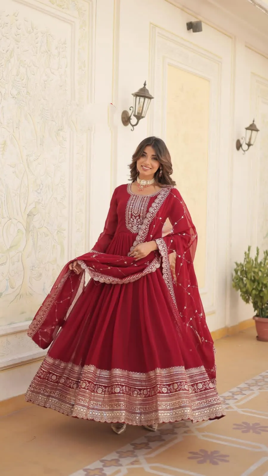 Embroidery Sequence Wedding wear Maroon Women's Gown Dupatta Suit