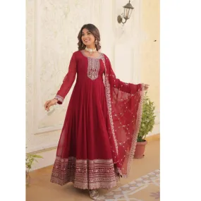 Embroidery Sequence Wedding wear Maroon Women's Gown Dupatta Suit