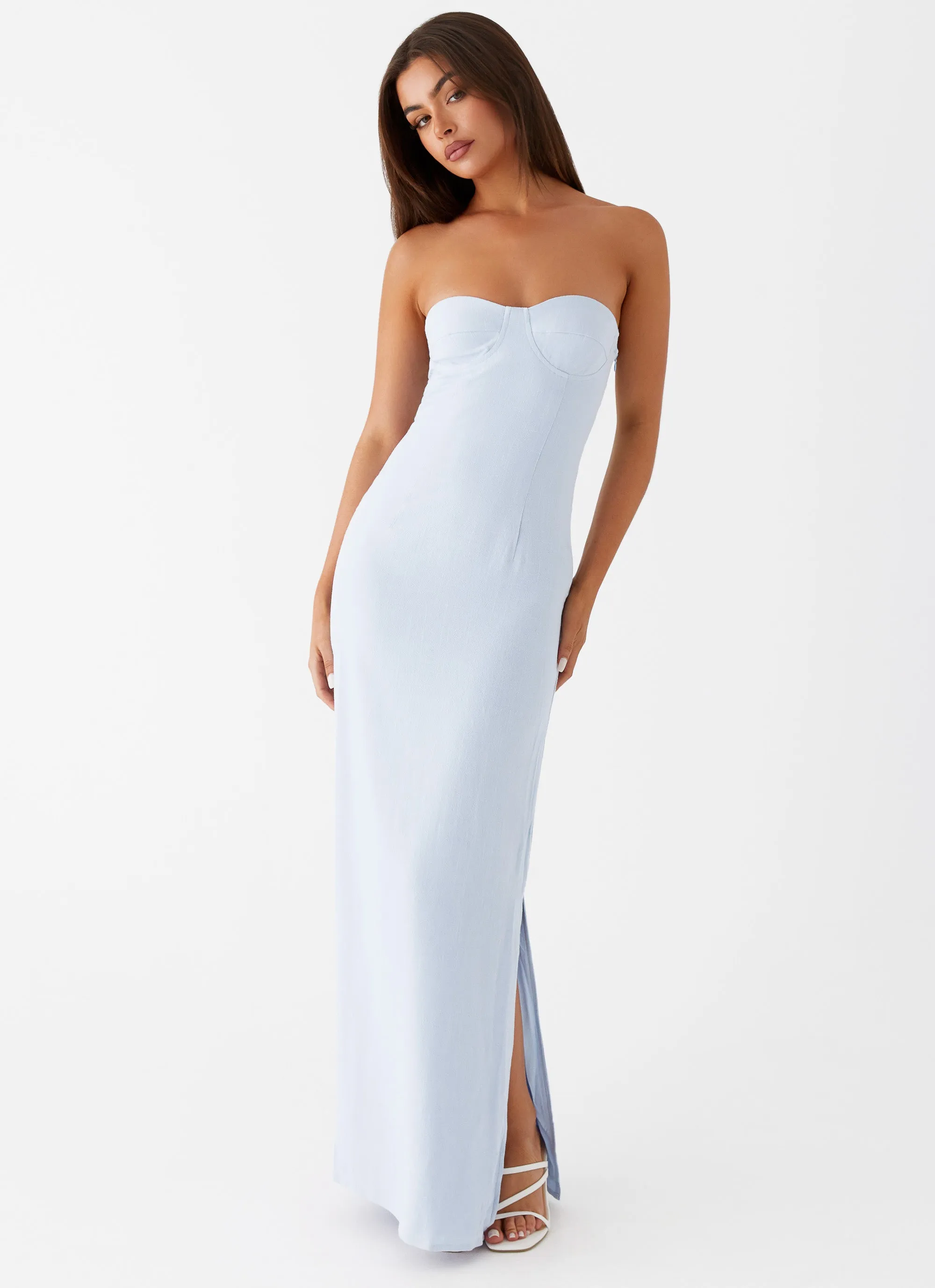 Esra Linen Strapless Maxi Dress - Blue