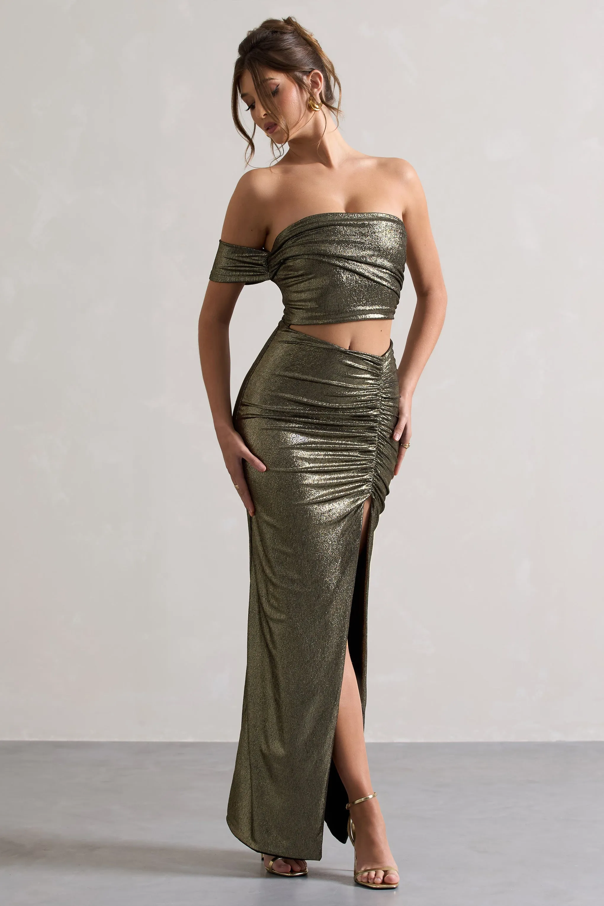 Gilded | Gold Metallic One-Sleeved Cut-Out Split Maxi Dress