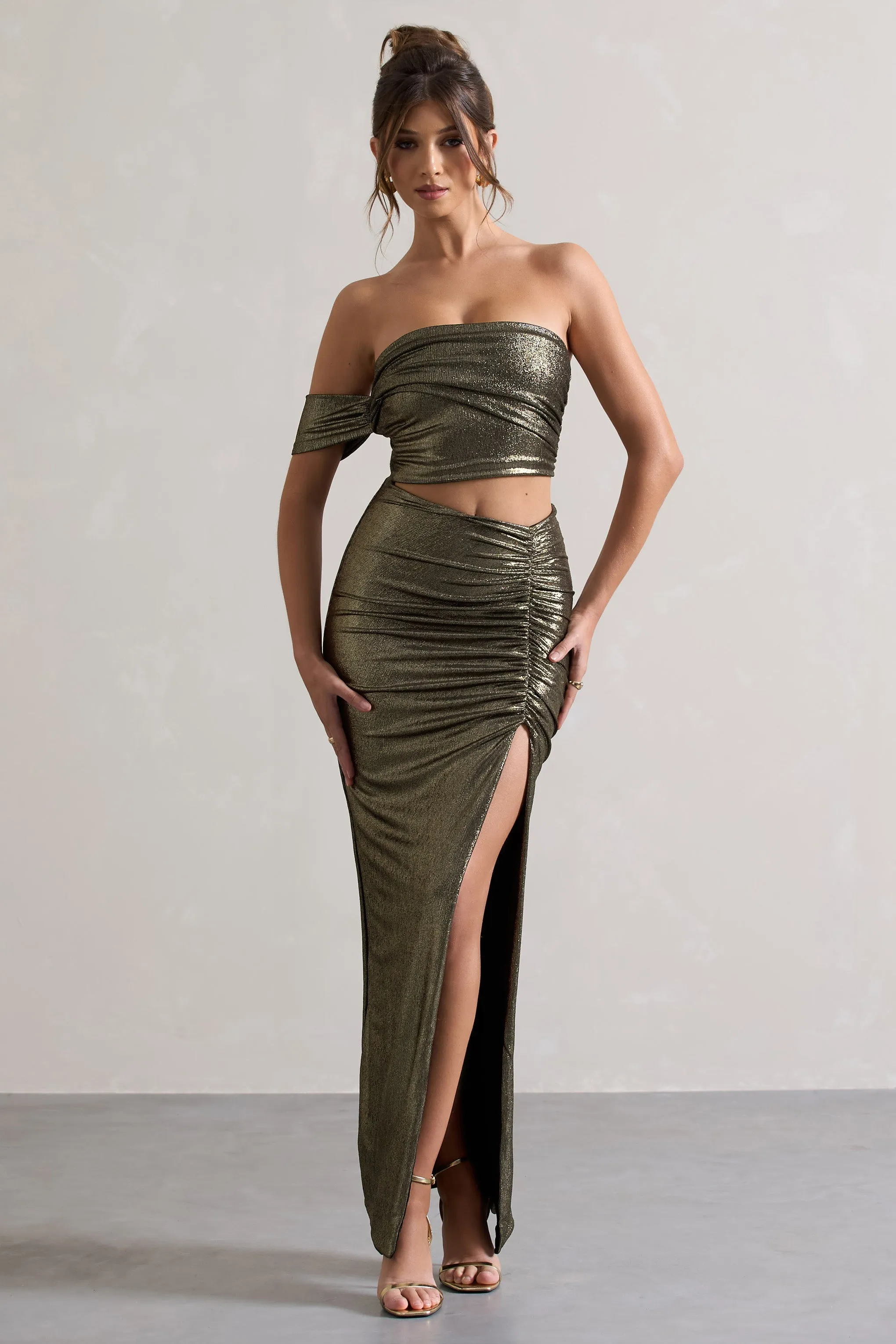 Gilded | Gold Metallic One-Sleeved Cut-Out Split Maxi Dress