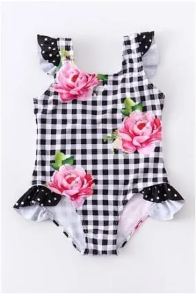 Gingham Ruffle Floral Kids Swimsuit