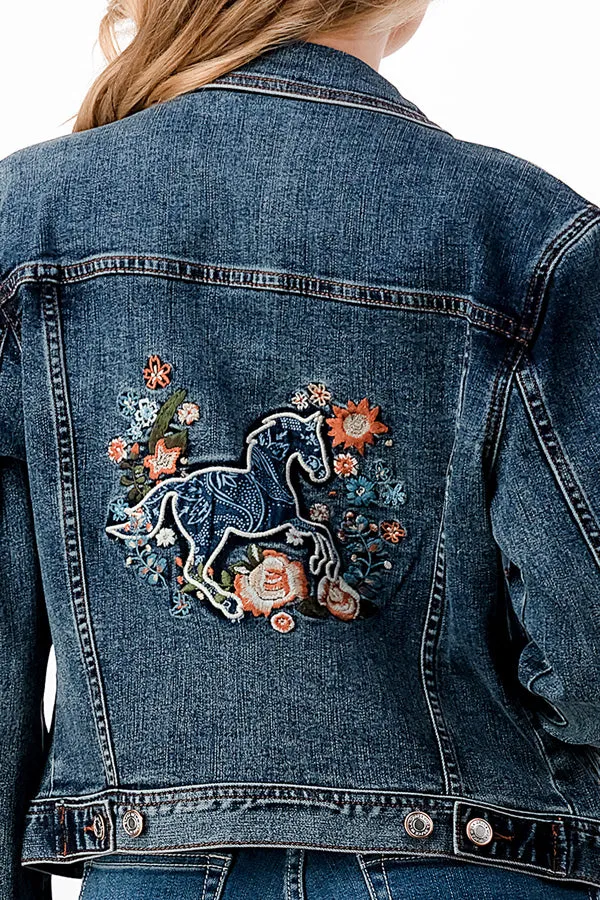 Horse /Floral Embroidery Denim Jacket