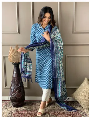 Indigo Ajrakh Kurta, Pant with Dupatta Set of 3