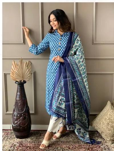 Indigo Ajrakh Kurta, Pant with Dupatta Set of 3