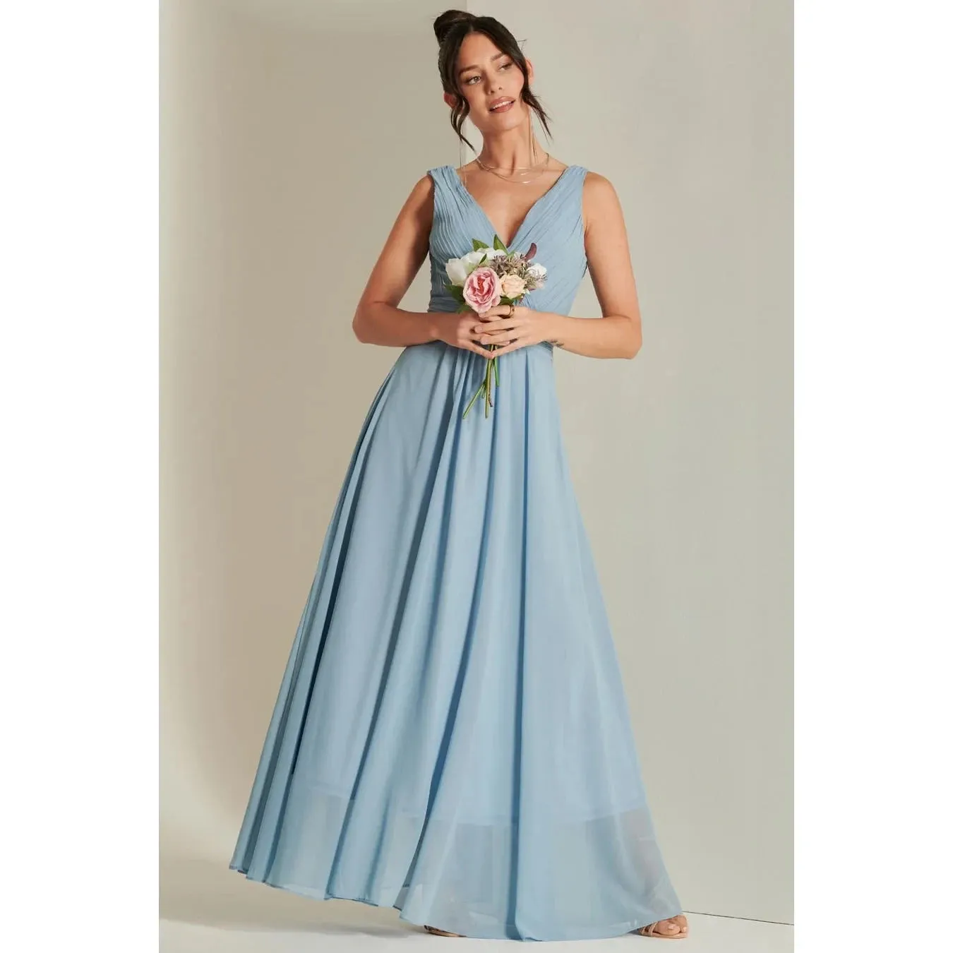 Jolie Moi Pale Blue V-Neck Pleated Bodice Maxi Dress