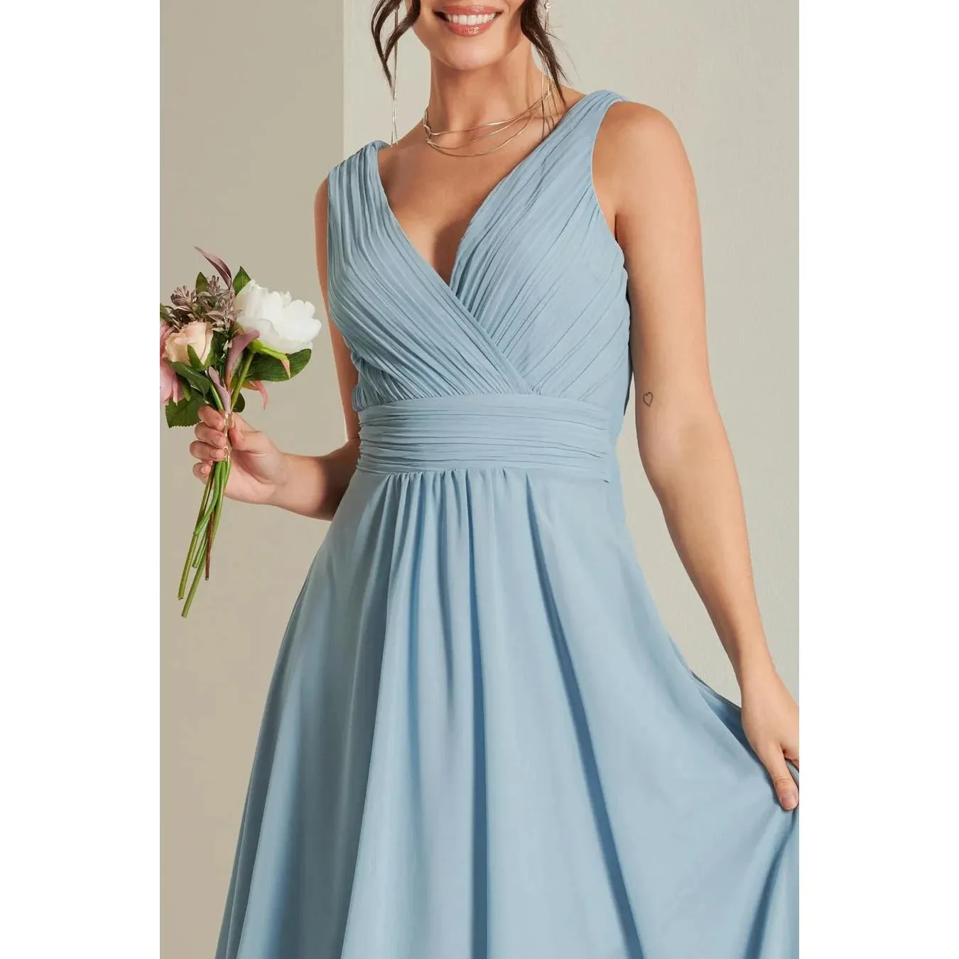 Jolie Moi Pale Blue V-Neck Pleated Bodice Maxi Dress