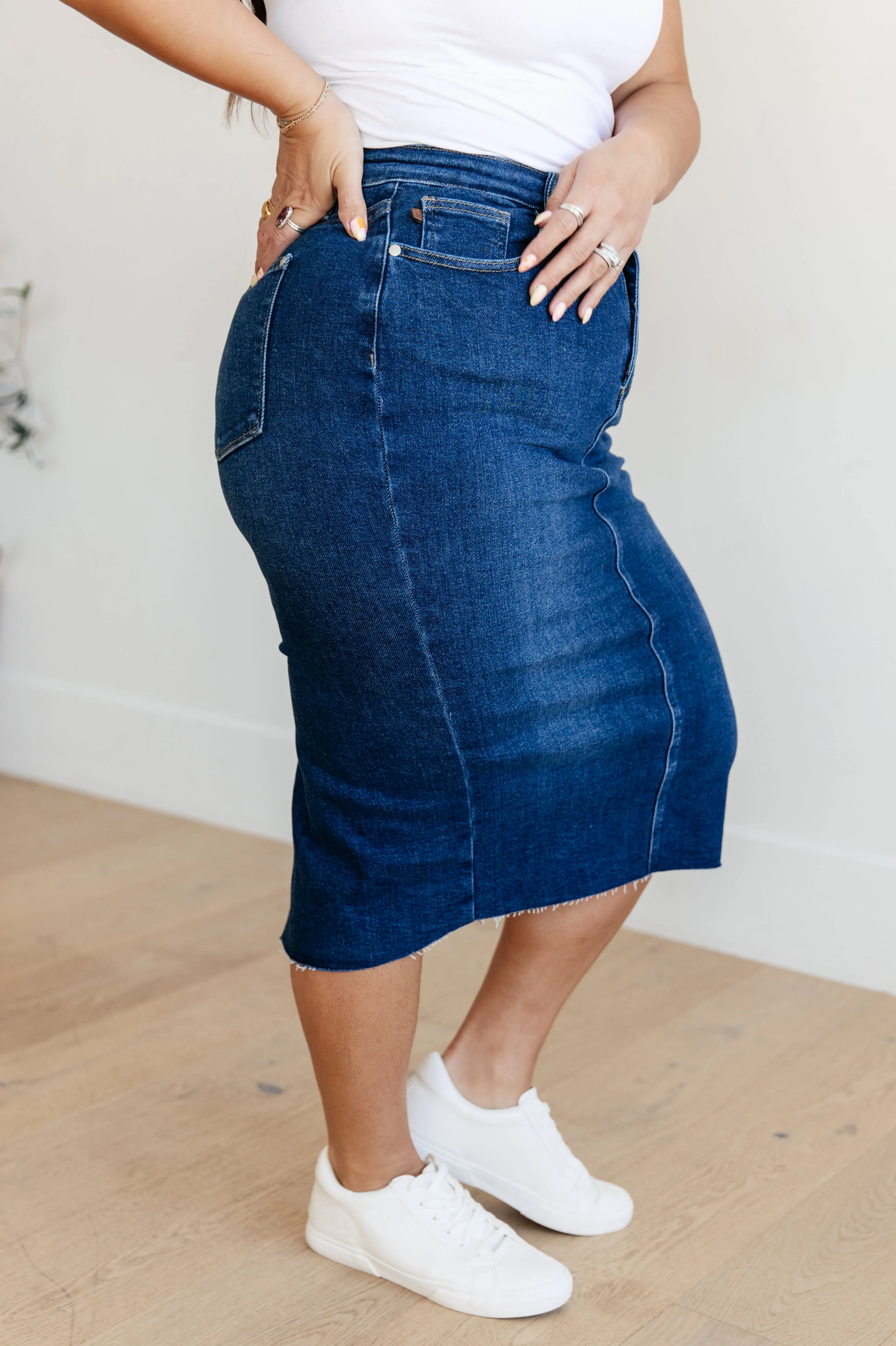 Judy Blue Dark Wash Denim Midi Skirt