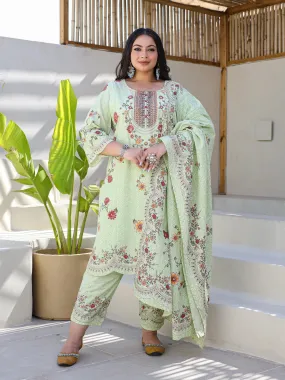 Juniper Green Floral & Ethnic Motif Printed Cotton Cambric Plus Size Kurta Pants & Dupatta Set With Beads & Sequins (3-Pcs)