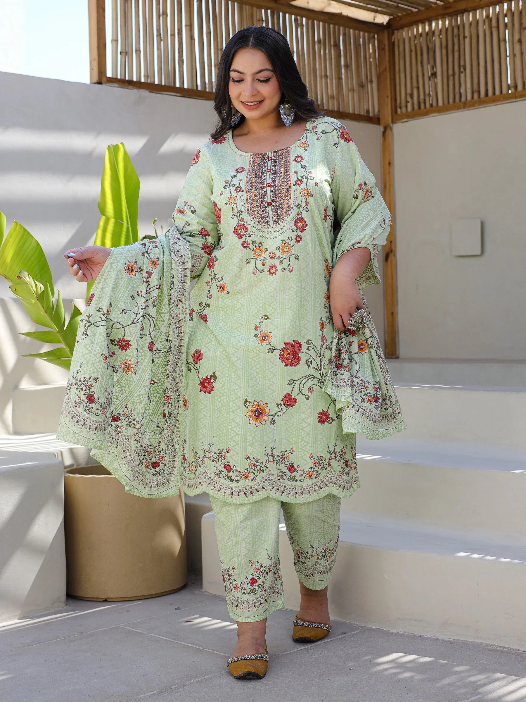 Juniper Green Floral & Ethnic Motif Printed Cotton Cambric Plus Size Kurta Pants & Dupatta Set With Beads & Sequins (3-Pcs)