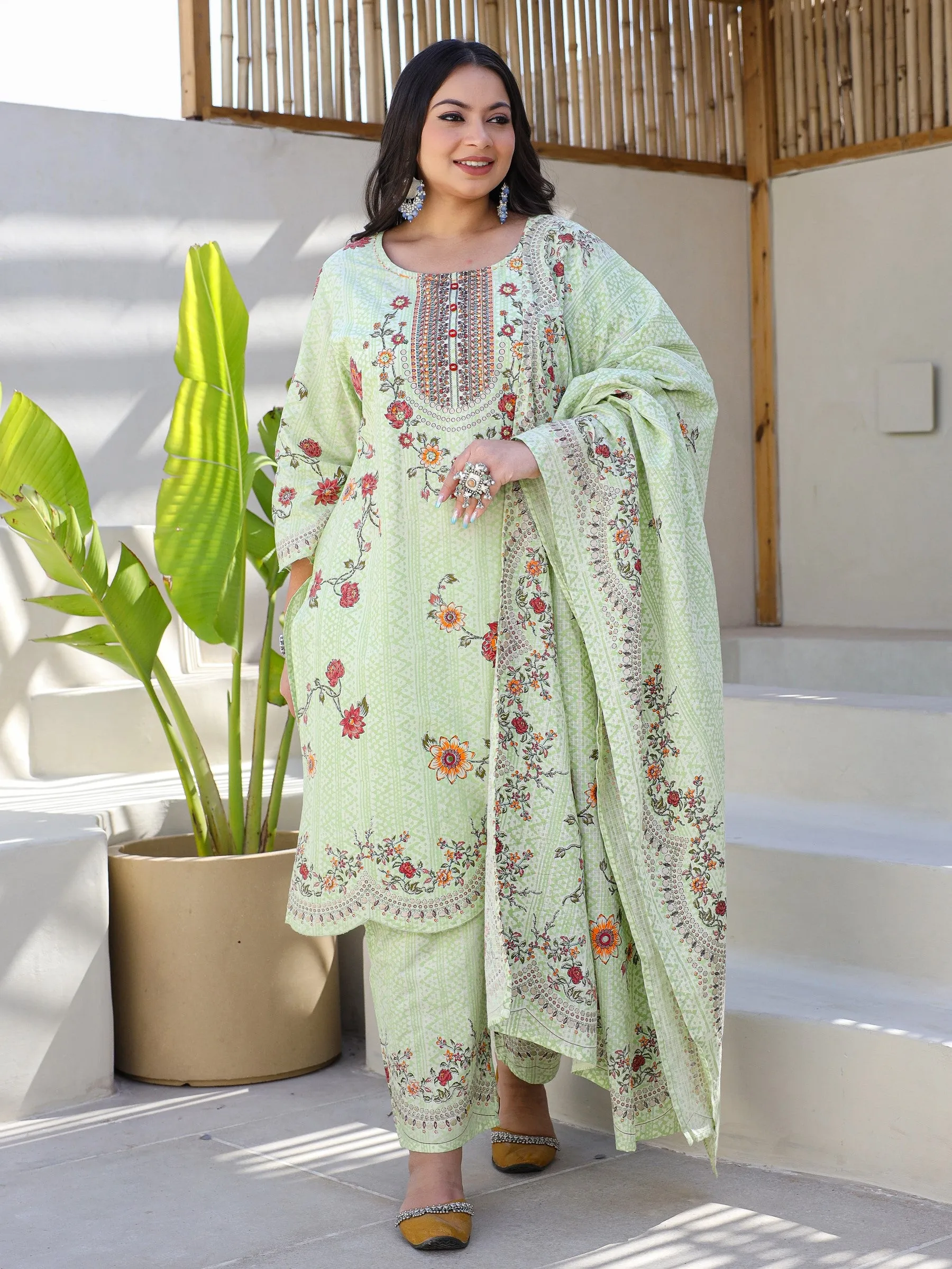 Juniper Green Floral & Ethnic Motif Printed Cotton Cambric Plus Size Kurta Pants & Dupatta Set With Beads & Sequins (3-Pcs)