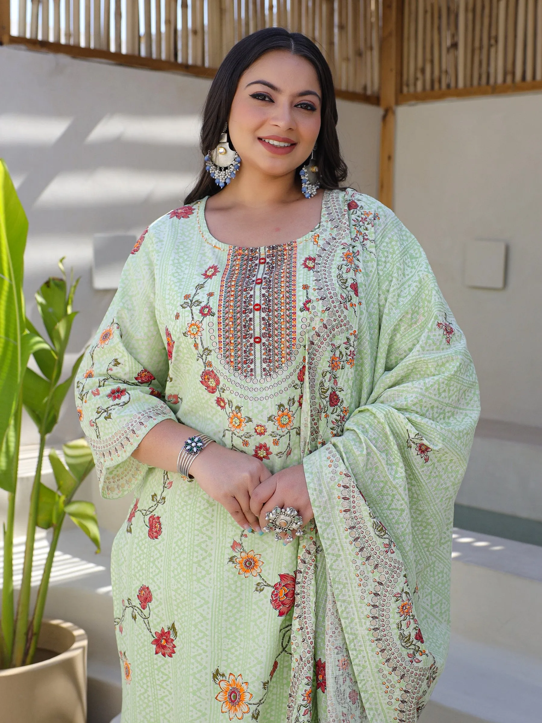 Juniper Green Floral & Ethnic Motif Printed Cotton Cambric Plus Size Kurta Pants & Dupatta Set With Beads & Sequins (3-Pcs)