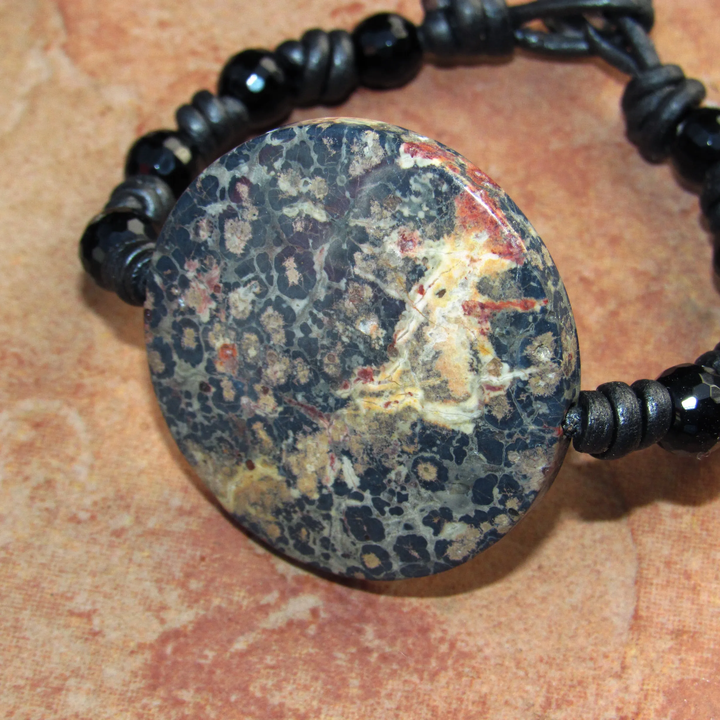 Leather Knotted Leopard Print Jasper Gemstone, Faceted Onyx, and Sterling Silver Button Bracelet