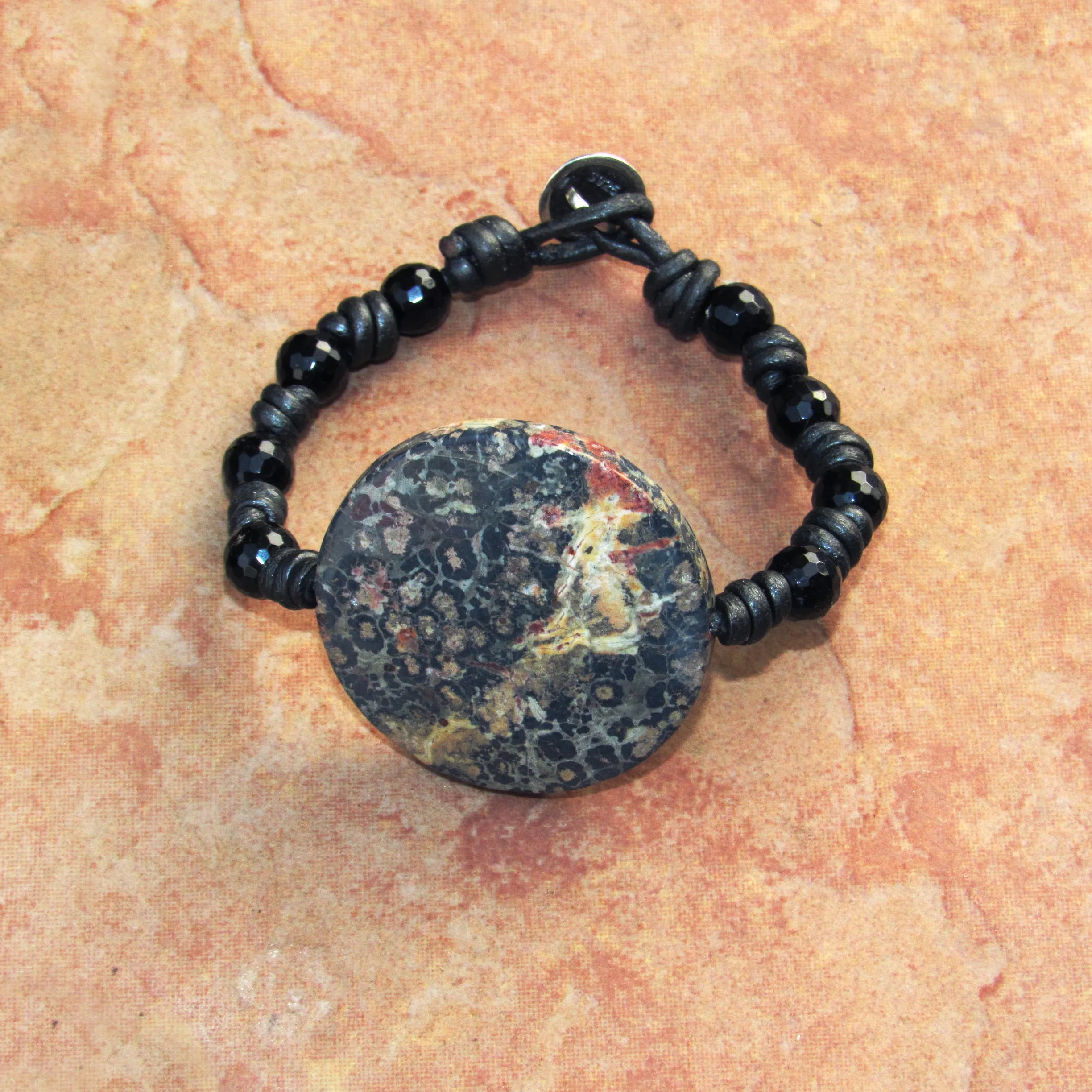 Leather Knotted Leopard Print Jasper Gemstone, Faceted Onyx, and Sterling Silver Button Bracelet