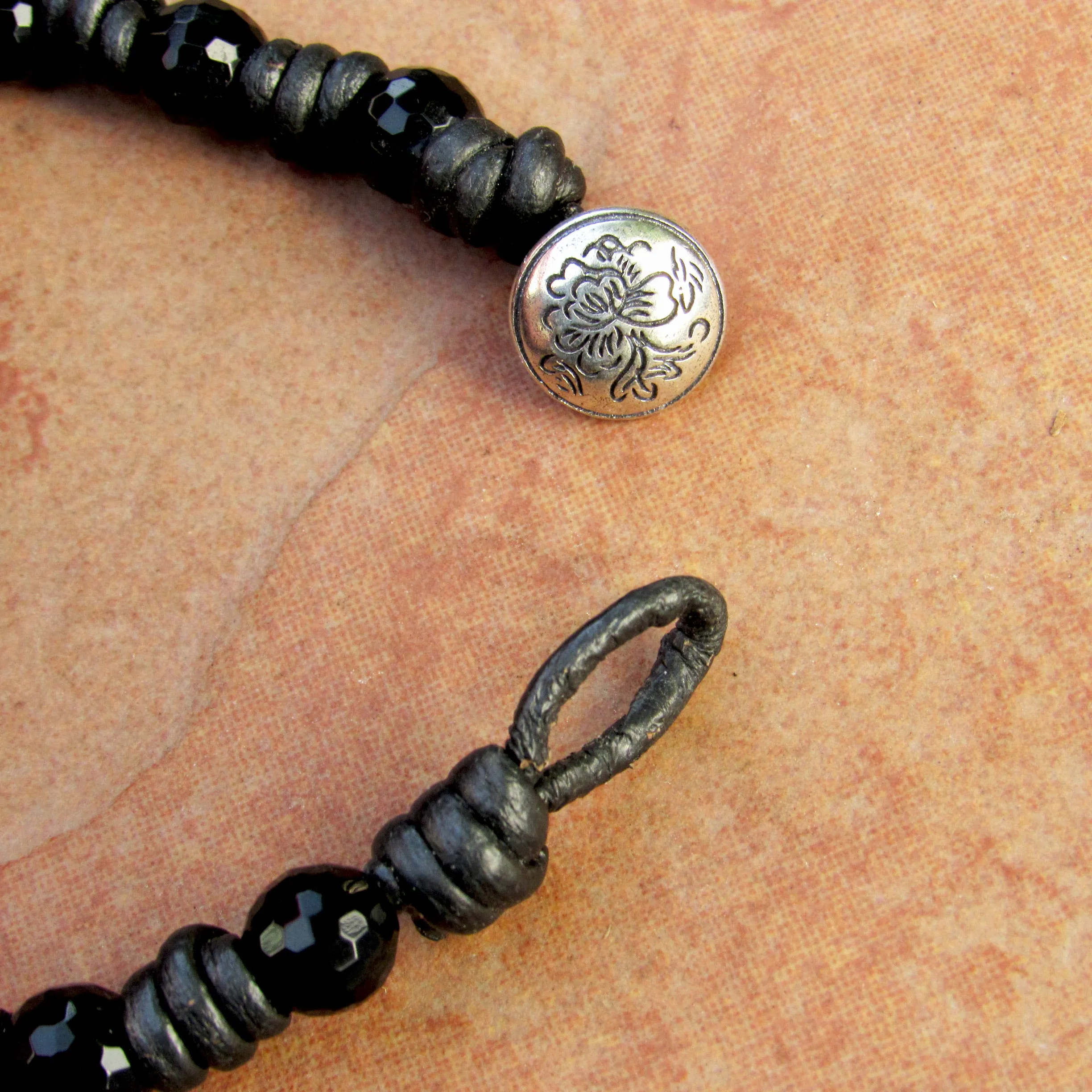 Leather Knotted Leopard Print Jasper Gemstone, Faceted Onyx, and Sterling Silver Button Bracelet