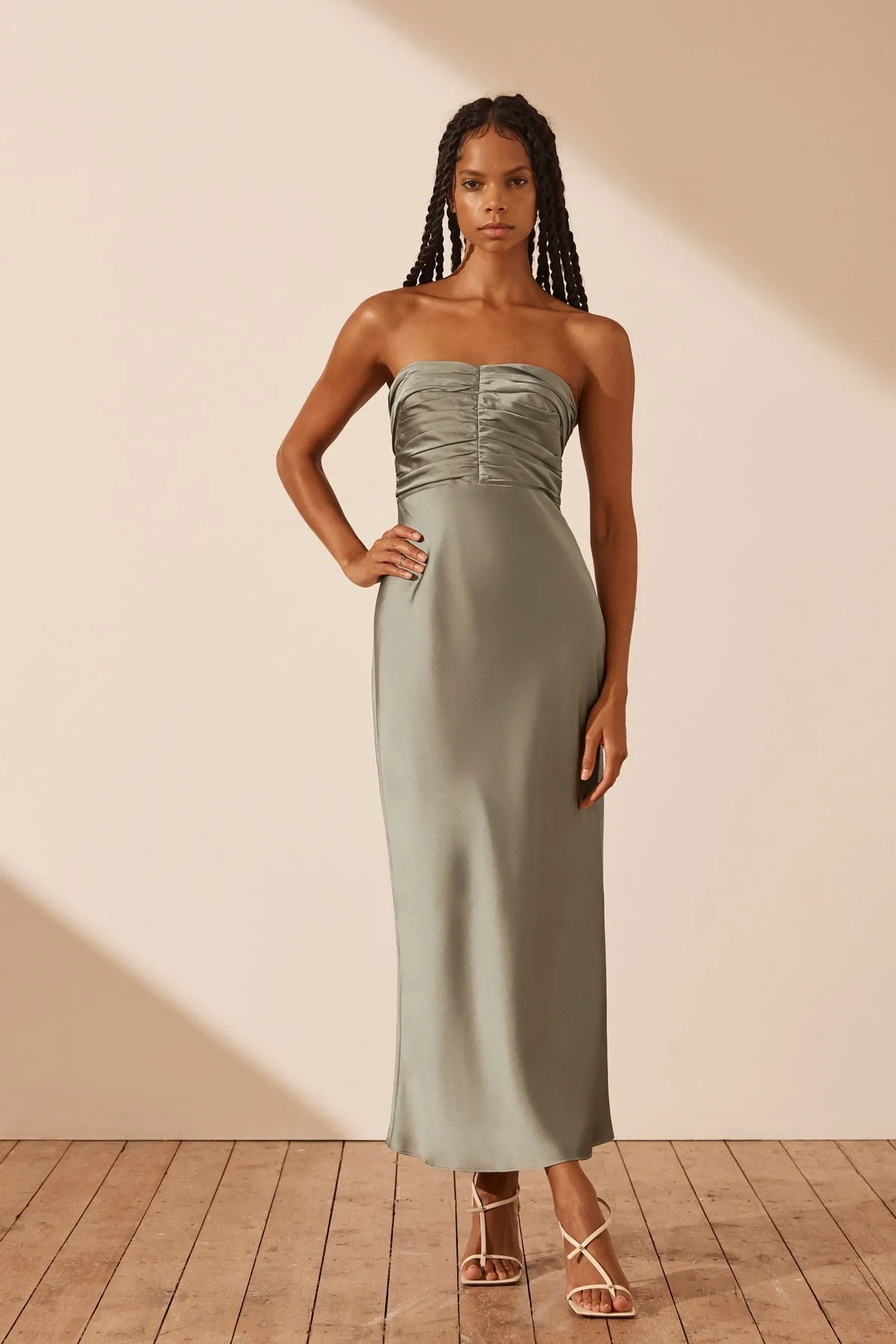 LUXE STRAPLESS RUCHED BODICE MIDI DRESS - EUCALYPTUS