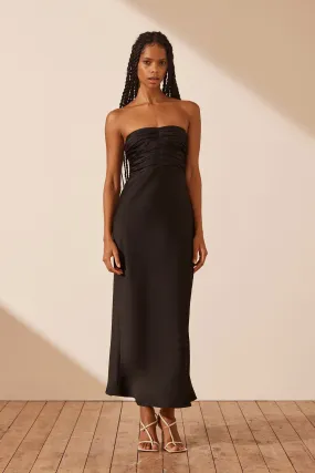 LUXE STRAPLESS RUCHED BODICE MIDI DRESS - ONYX