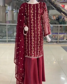 Maroon Georgette Embroidery & Rivet Moti Work Palazzo Suit Set