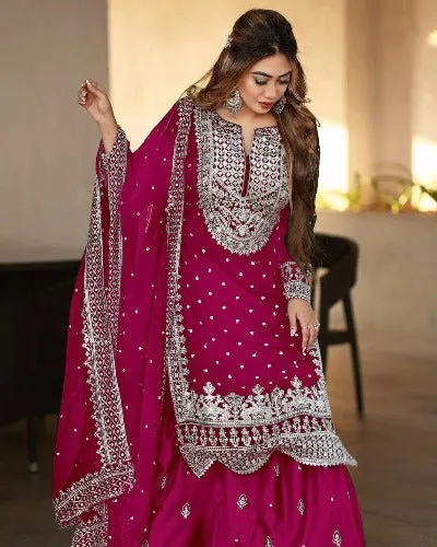 Maroon Georgette Heavy Embroidered Gharara Suit Set