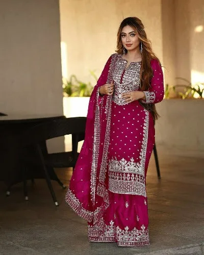 Maroon Georgette Heavy Embroidered Gharara Suit Set