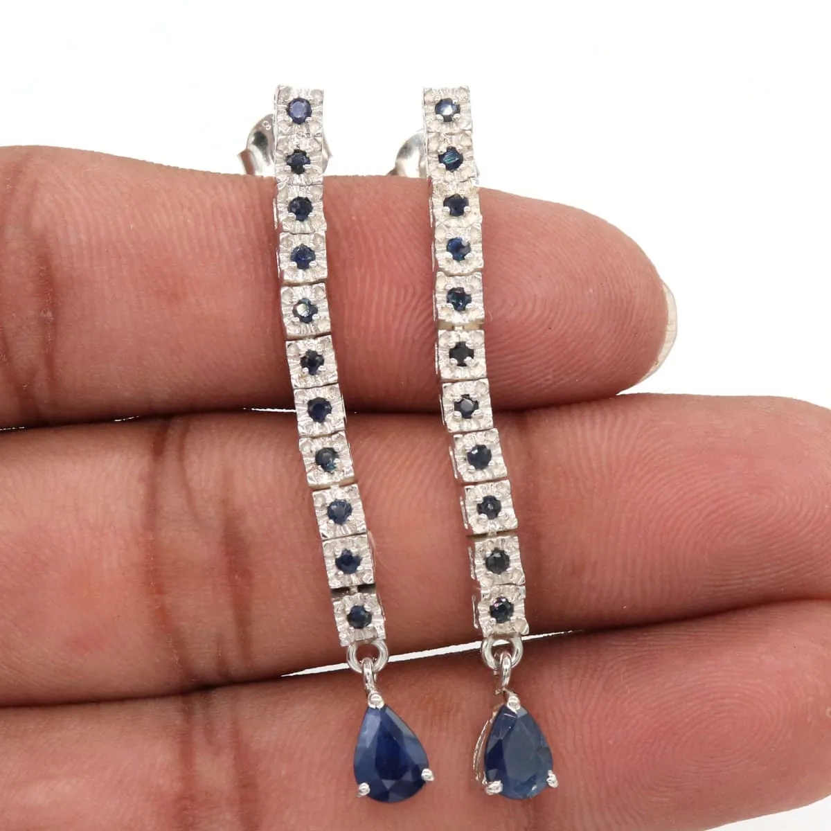 Natural Real Sapphire Handmade 925 Sterling Silver Dangle Earrings Wedding Jewellery Christmas Gift