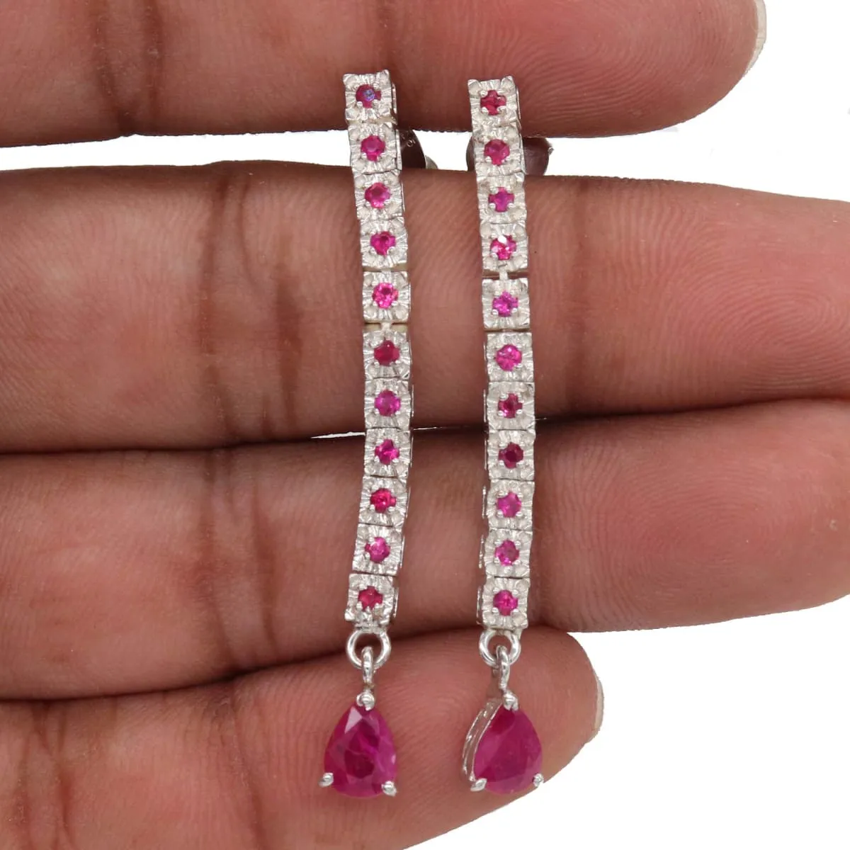 Natural Ruby Handmade 925 Solid Sterling Silver Stud Dangle Long Earrings Wedding Jewellery For Christmas Gift