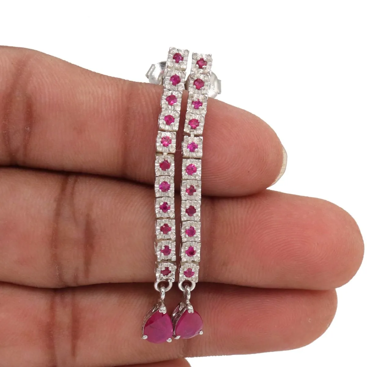 Natural Ruby Handmade 925 Solid Sterling Silver Stud Dangle Long Earrings Wedding Jewellery For Christmas Gift