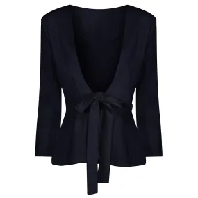 Navy Blue Long Sleeve Tie Front Jacket