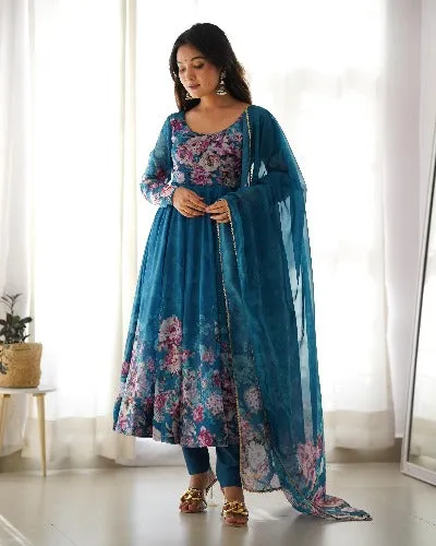 Peacock Blue Organza Anarkali Suit Set