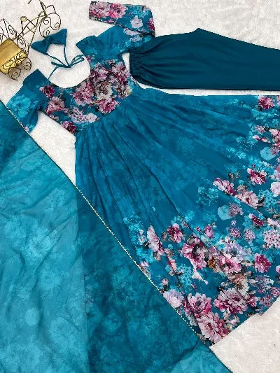 Peacock Blue Organza Anarkali Suit Set