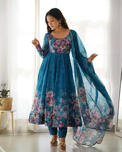 Peacock Blue Organza Anarkali Suit Set