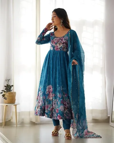 Peacock Blue Organza Anarkali Suit Set