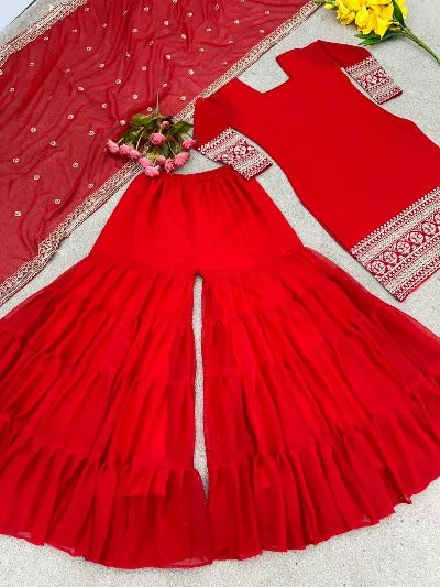 Red Georgette Designer Ruffle Work Sharara Suit Set