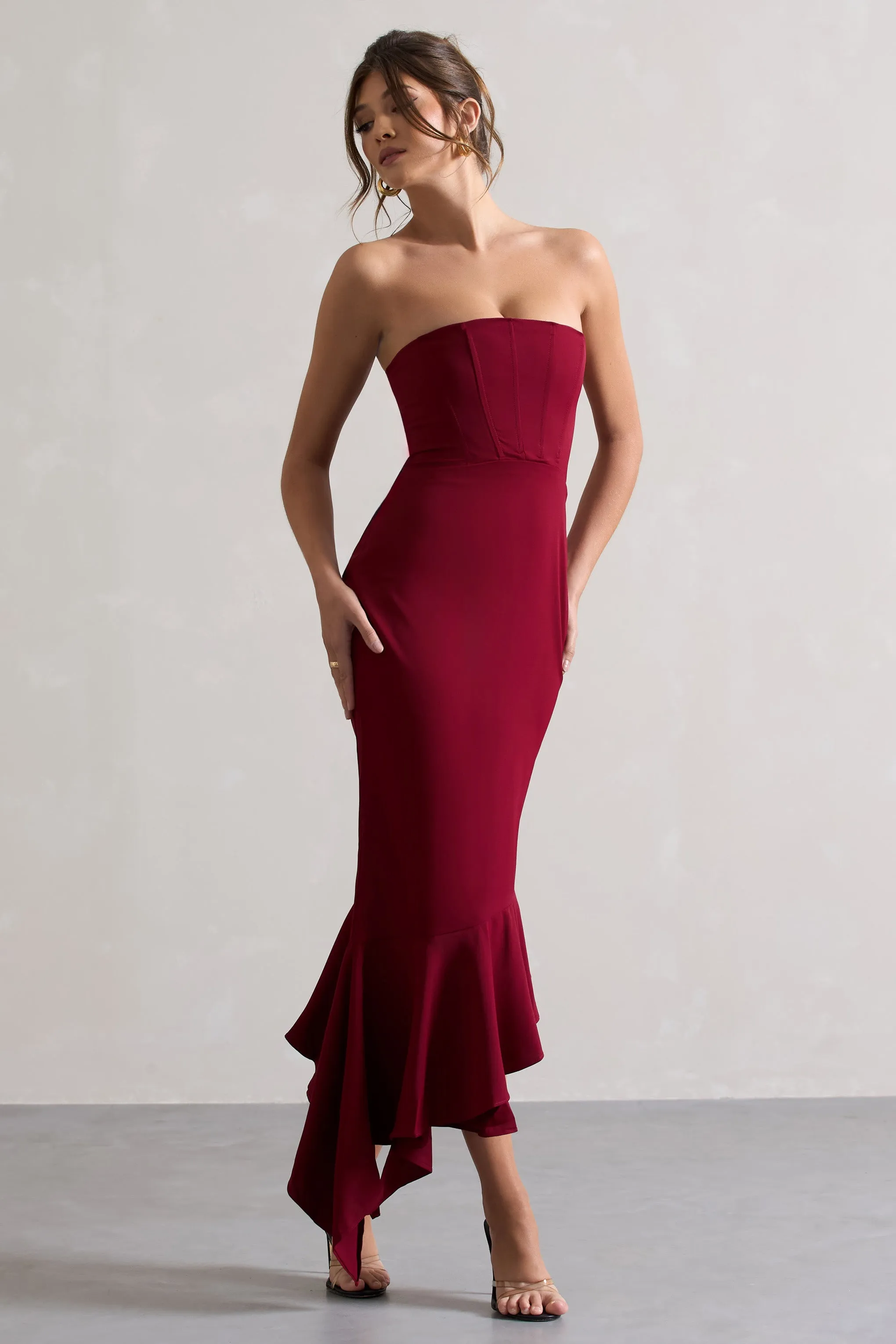 Sandy | Berry Strapless Corset Asymmetric Maxi Dress