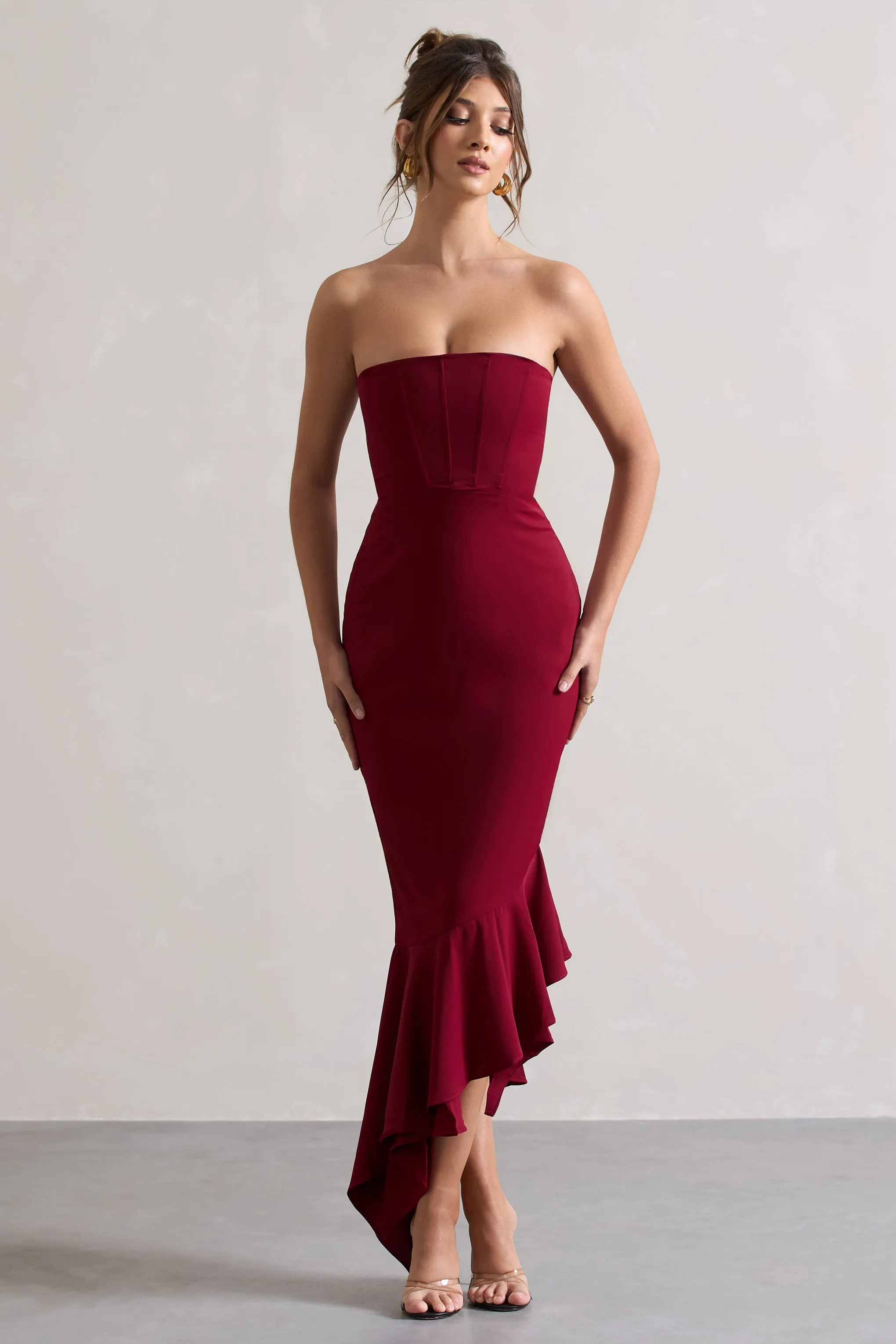 Sandy | Berry Strapless Corset Asymmetric Maxi Dress