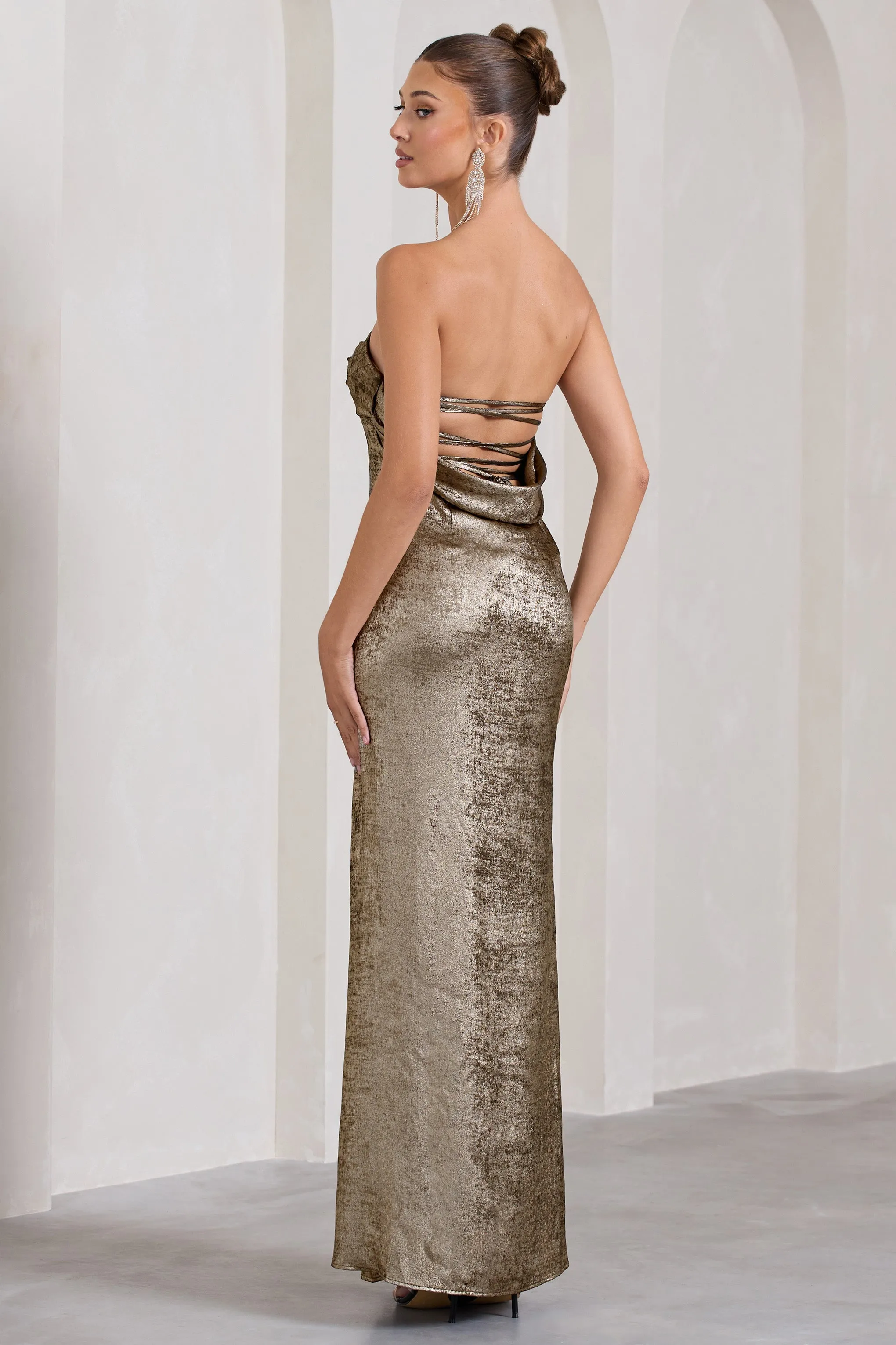 Showstopper | Gold Metallic Strapless Open-Back Split Maxi Dress