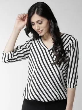 Style Quotient Women Black and White Stripe Polyester Relaxed fit Smart casual top