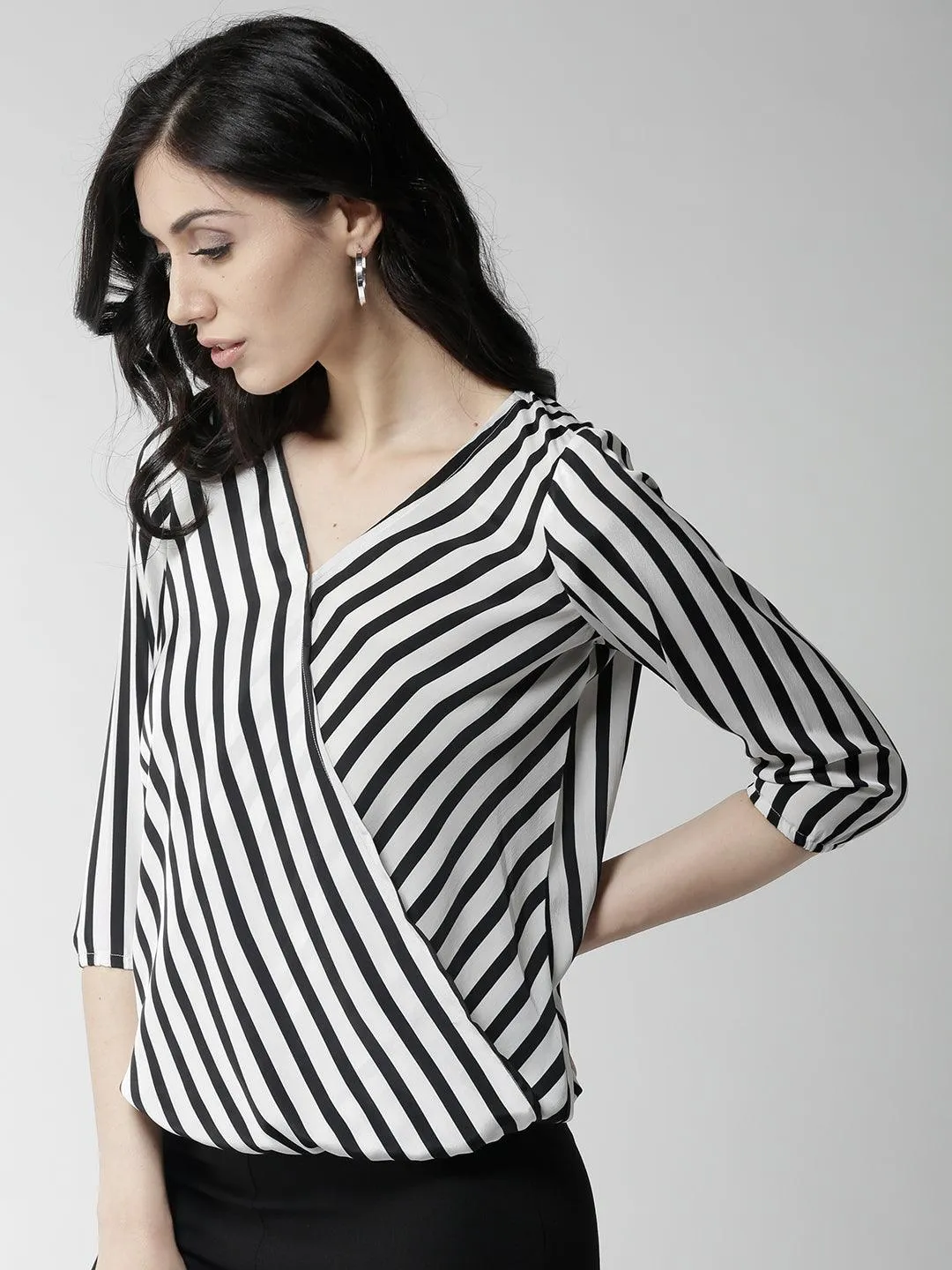 Style Quotient Women Black and White Stripe Polyester Relaxed fit Smart casual top