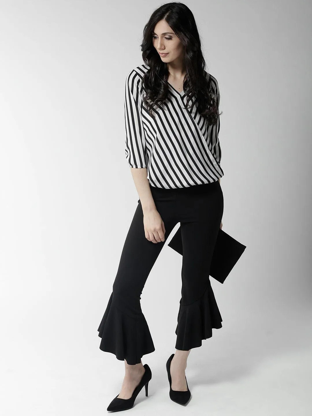 Style Quotient Women Black and White Stripe Polyester Relaxed fit Smart casual top