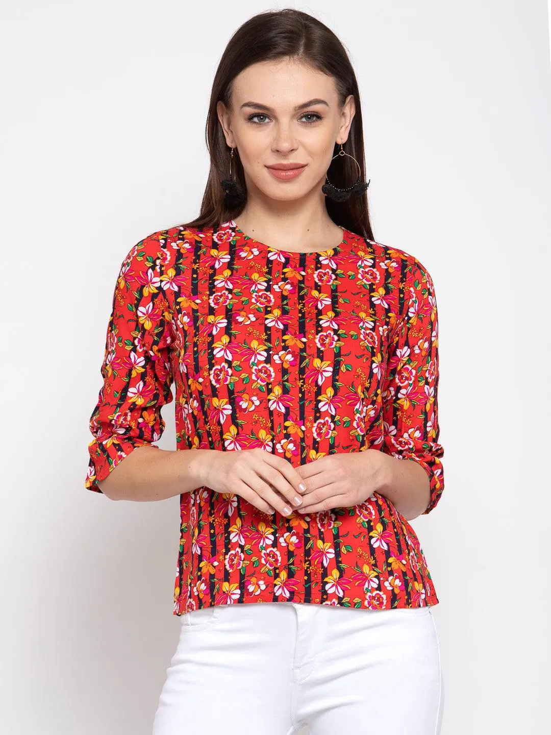 Style Quotient Women Coral And Multi Floral Printed Rayon Smart Casual Top