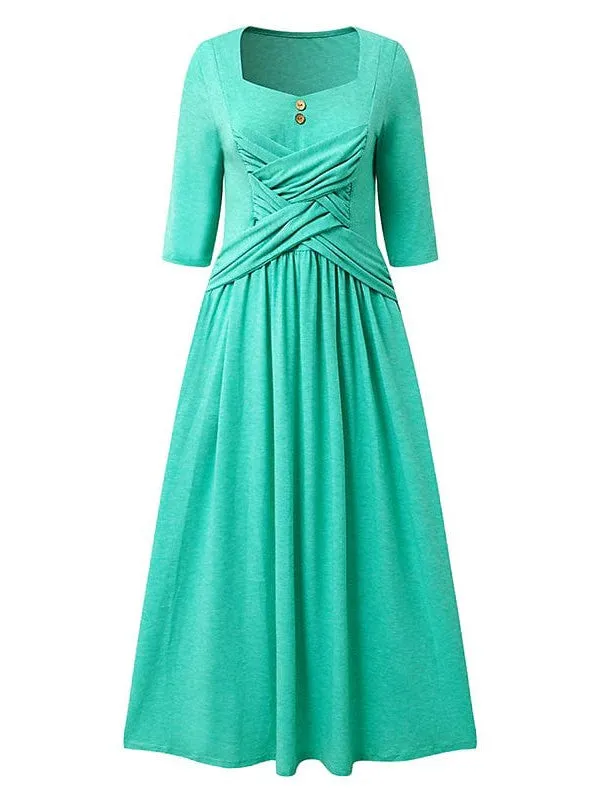 Stylish Dark Green Pleated V-Neck Midi Dress for Women