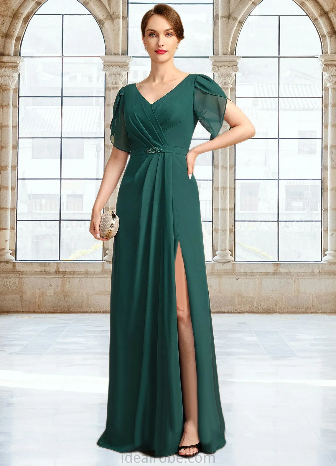 Tamia Sheath/Column V-Neck Floor-Length Chiffon Mother of the Bride Dress With Beading Pleated STKP0021949