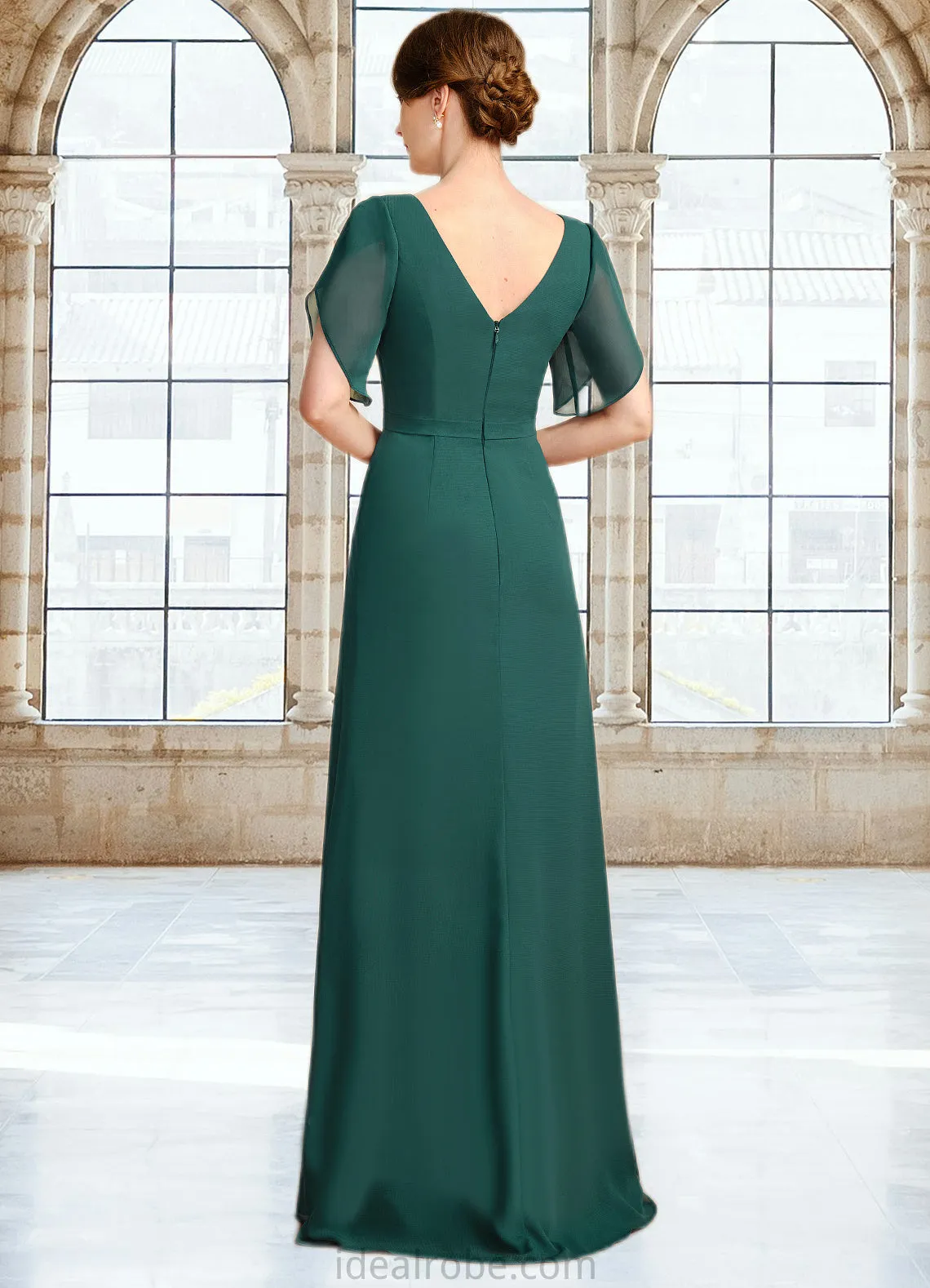 Tamia Sheath/Column V-Neck Floor-Length Chiffon Mother of the Bride Dress With Beading Pleated STKP0021949