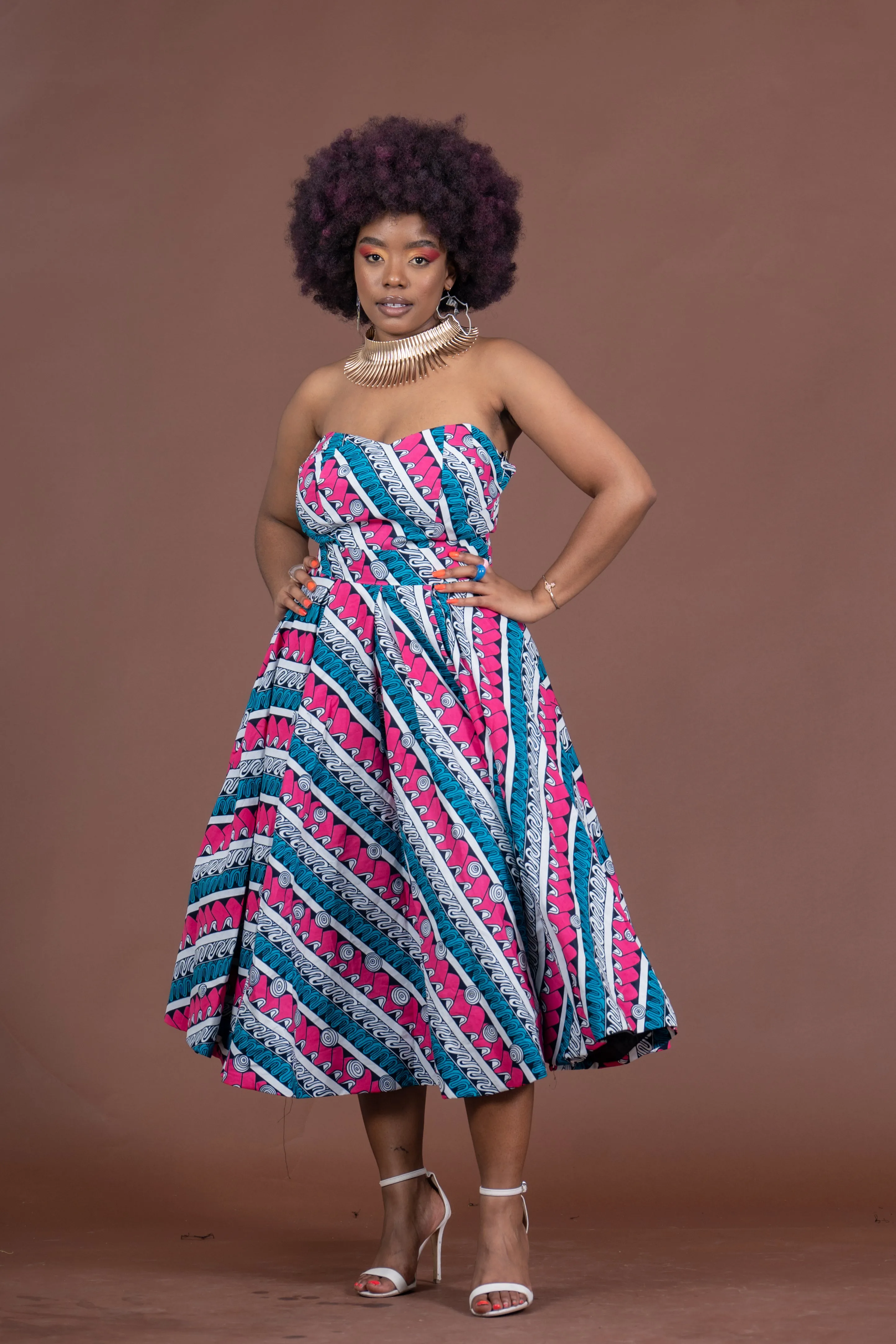 Teyana Ankara Strapless Midaxi Dress | Pink and Blue African Print