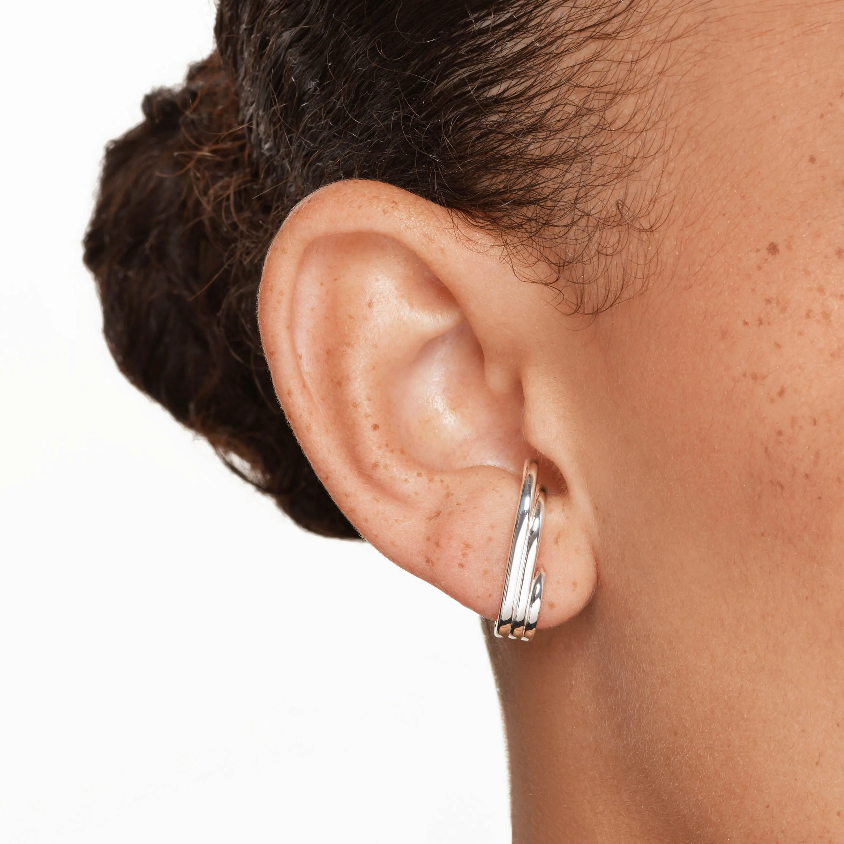 Triple Lobe Cuff Huggie Earring in Silver