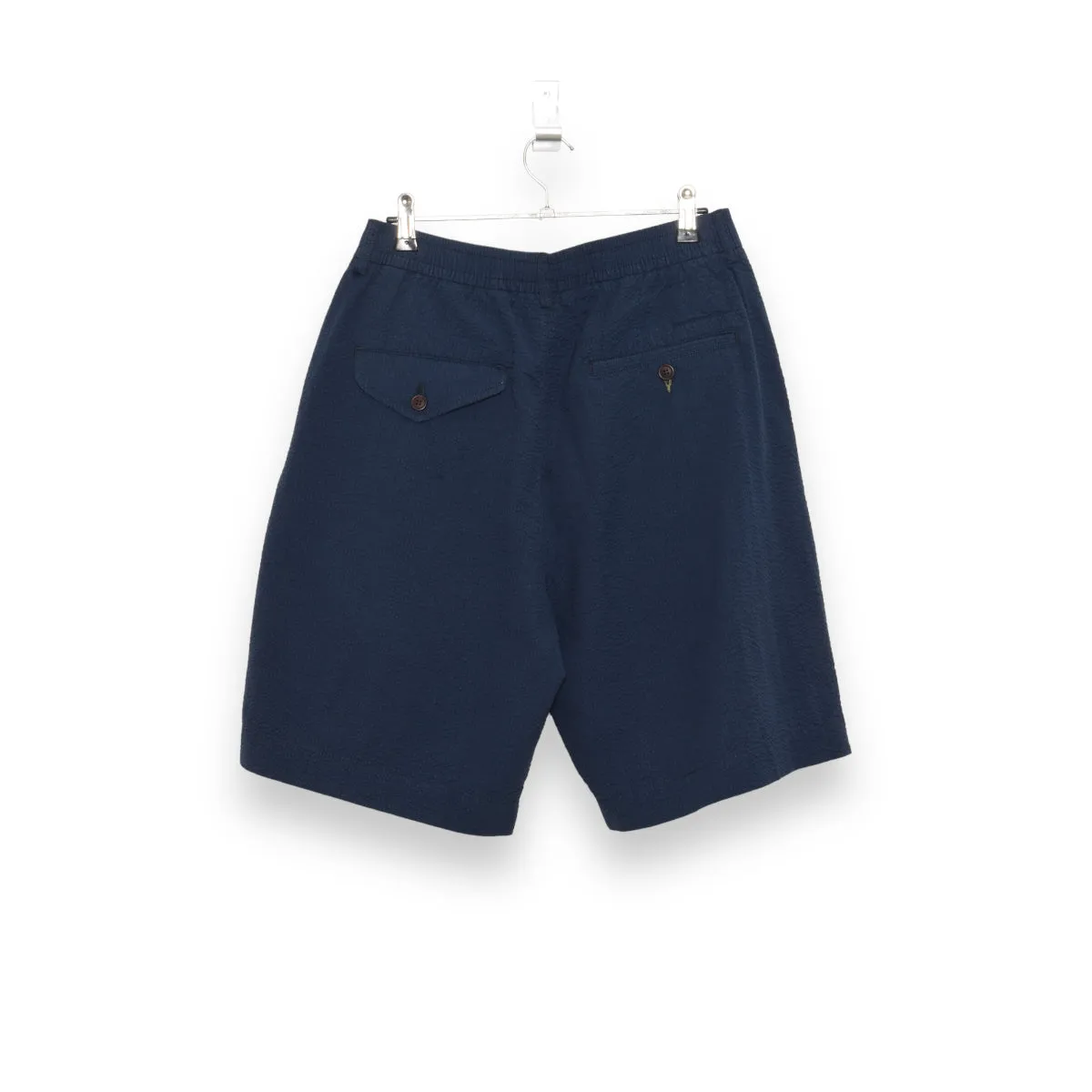 Universal Works Pleated Track Short cotton seersucker navy 28907