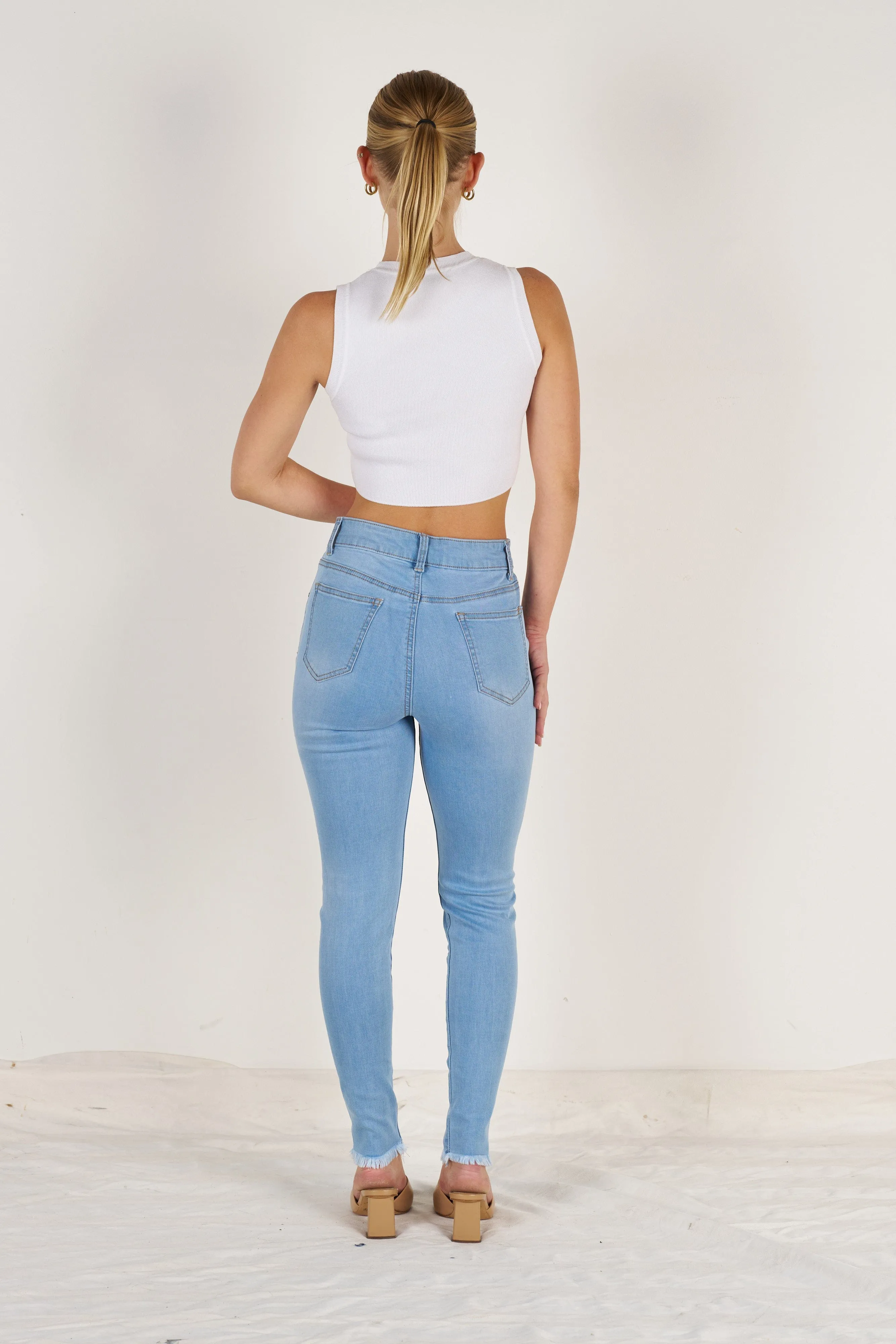 Wakee Denim Jean Distressed Rip Skinny Leg - Washed Blue 69995