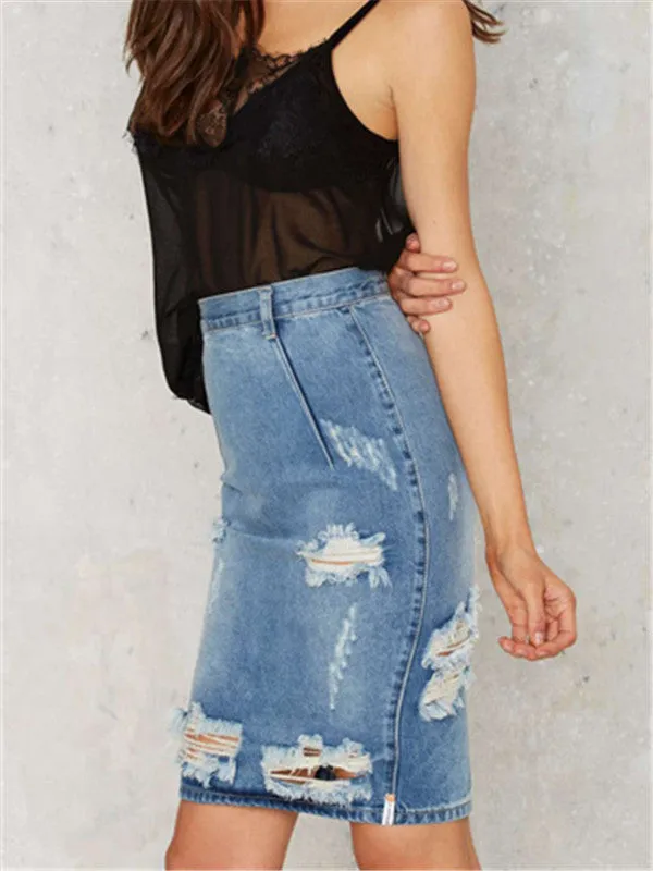 WealFeel Sexy Ripped Denim Bodycon Skirt