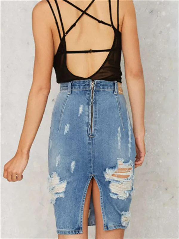 WealFeel Sexy Ripped Denim Bodycon Skirt